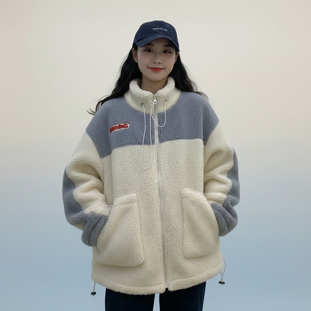 Vusy Kawai Shop cute autumn winter plush sweatshirt in cream and gray with zip and large pockets