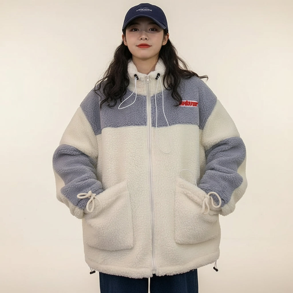 Cute autumn winter plush sweatshirt in white and gray with large front pockets and zip closure