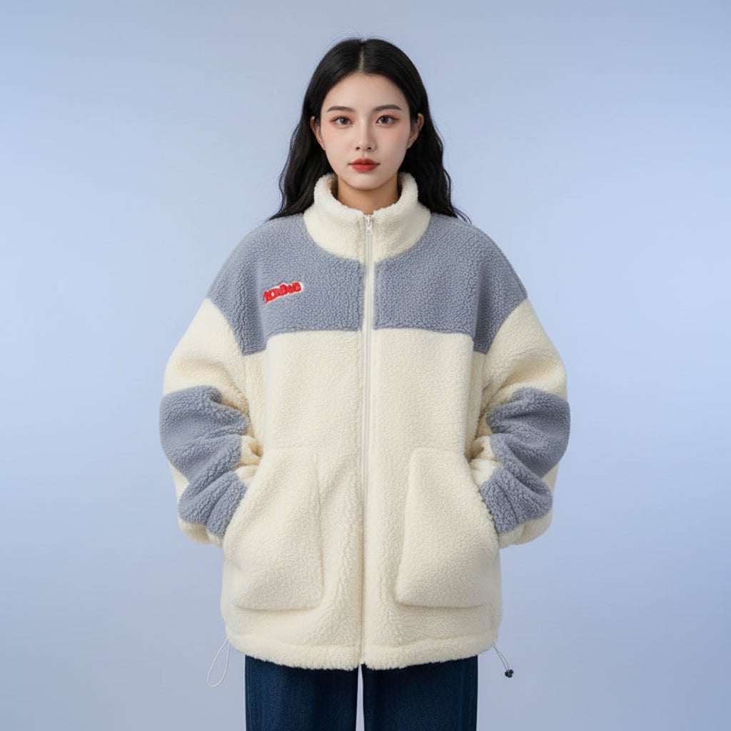 Cute autumn winter plush sweatshirt in cream and gray color block with front pockets and zipper