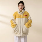 Cute autumn winter plush sweatshirt in white and yellow with front pockets and zipper
