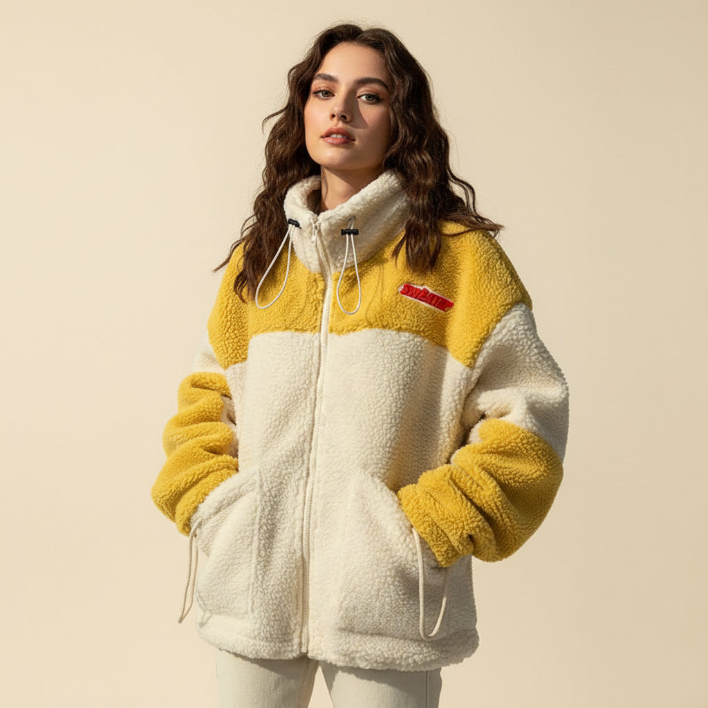 Cute autumn winter plush sweatshirt in yellow and cream with zipper and cozy pockets