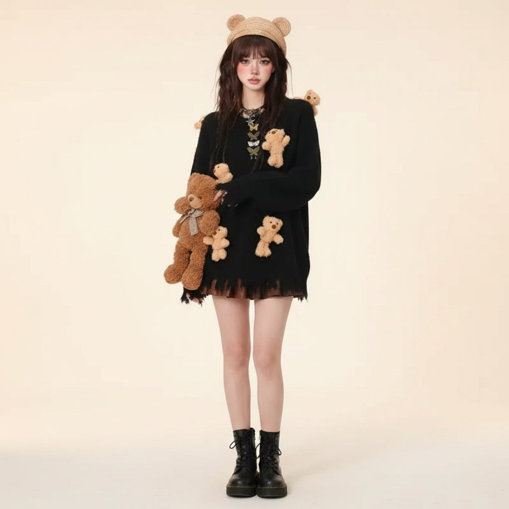 Black cute bear knitted sweater for women with multiple teddy bear plush decorations