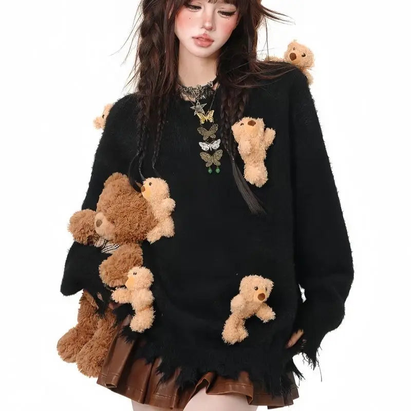 Cute bear knitted sweater for women with 3D teddy bear plush design in black oversized style