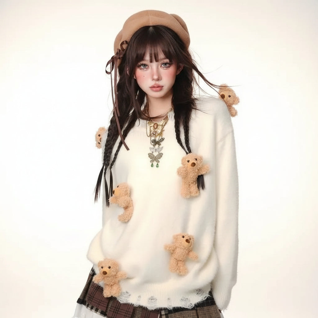 Cute bear knitted sweater for women in white with teddy bear accents and relaxed fit
