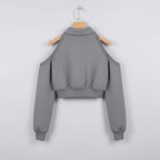 Gray cute Korean style streetwear top with cold shoulder design and cropped fit from Vusy Kawai Shop