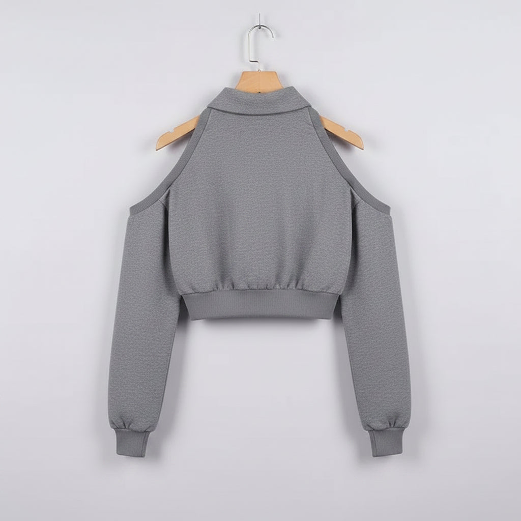 Gray cute Korean style streetwear top with cold shoulder design and cropped fit from Vusy Kawai Shop