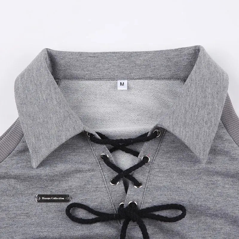 Gray cute Korean style streetwear top with lace-up front and medium size tag from Vusy Kawai Shop