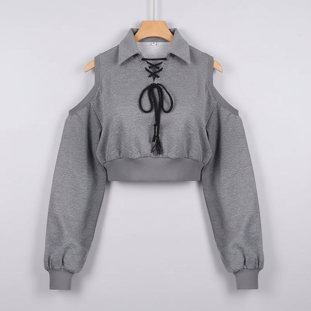 Grey cute Korean style streetwear top with lace-up neckline and cut-out shoulders