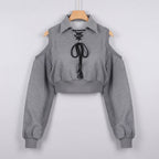 Grey cute Korean style streetwear top with lace-up neckline and cut-out shoulders