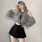 Cute Korean style streetwear top gray cold shoulder cropped sweatshirt with lace-up detail