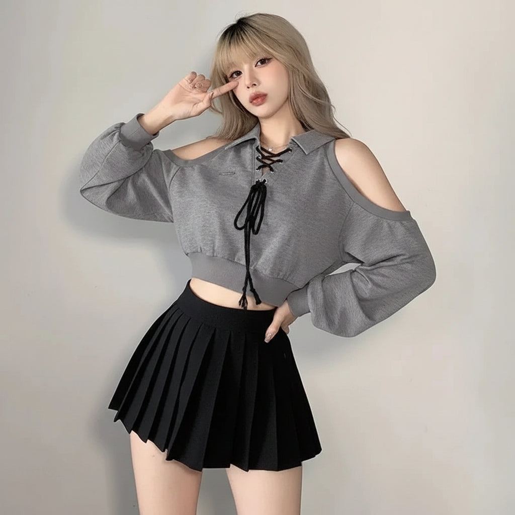 Cute Korean style streetwear top gray cold shoulder cropped sweatshirt with lace-up detail