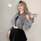 Cute Korean style streetwear top in gray with cold shoulder design and lace-up front detail