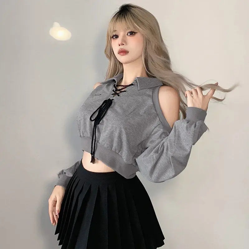 Cute Korean style streetwear top in gray with cold shoulder design and lace-up front detail