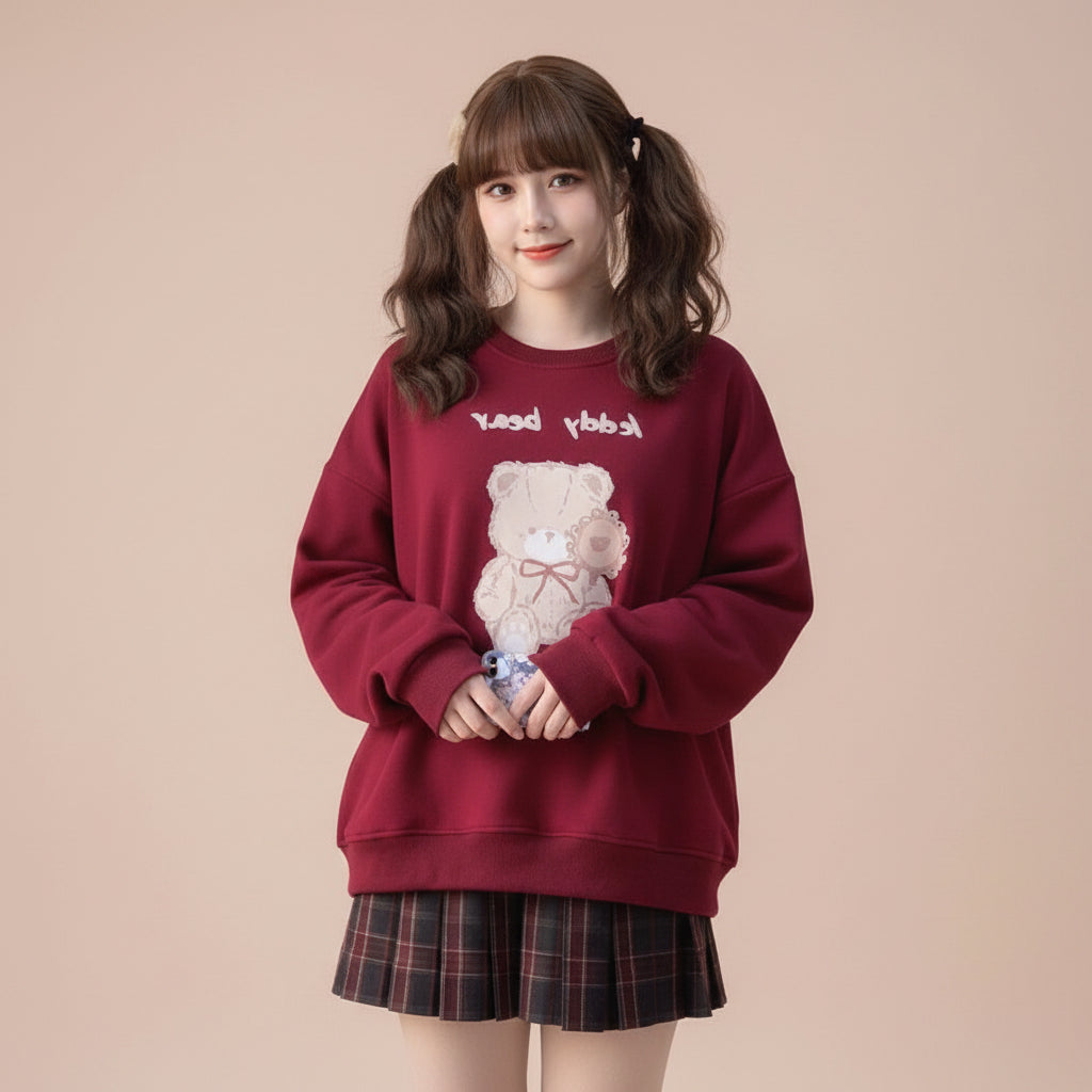 Cute red bear o-neck hoodie Japanese style worn with plaid skirt by Vusy Kawai Shop