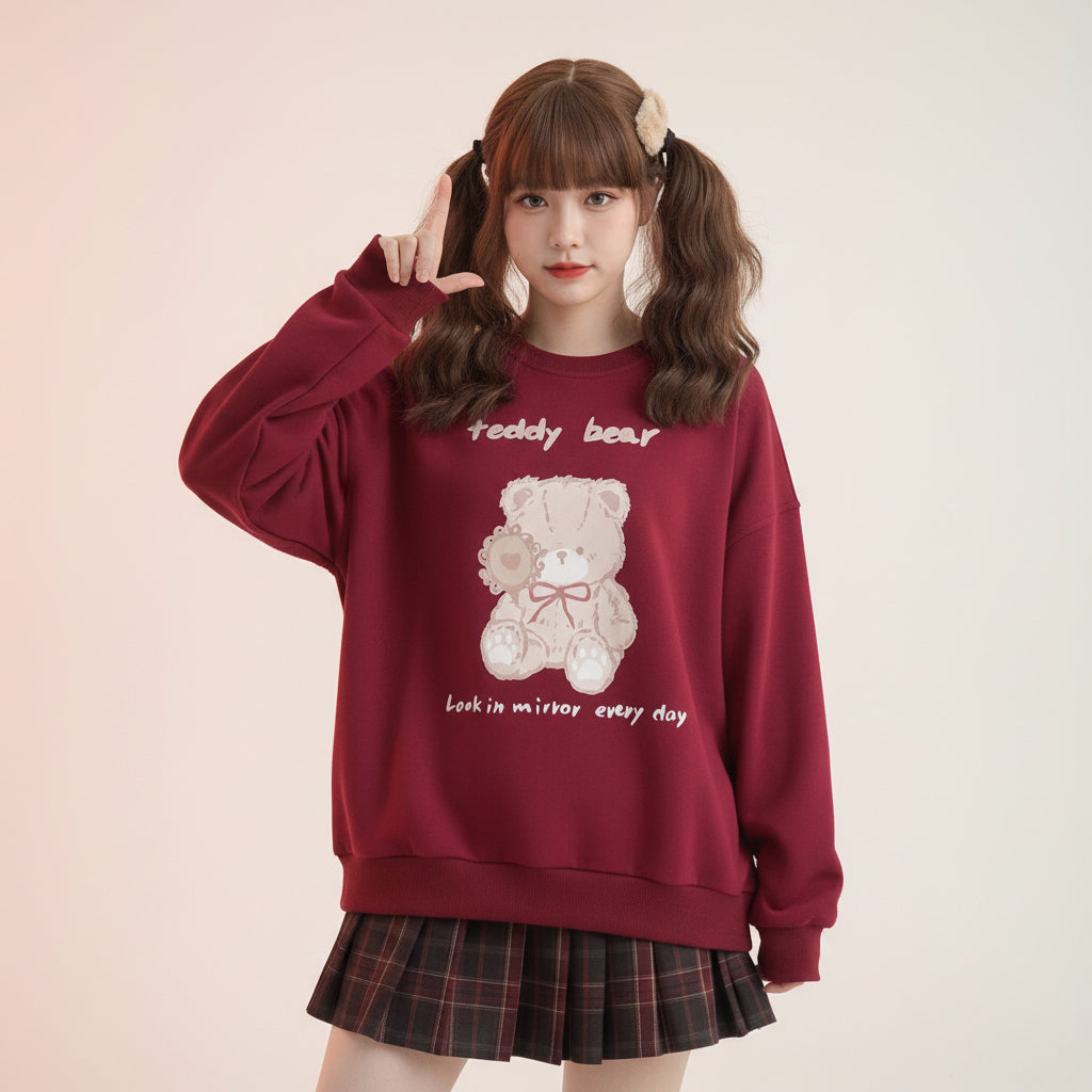 Cute red bear o-neck hoodie Japanese style with teddy bear graphic worn by girl with pigtails