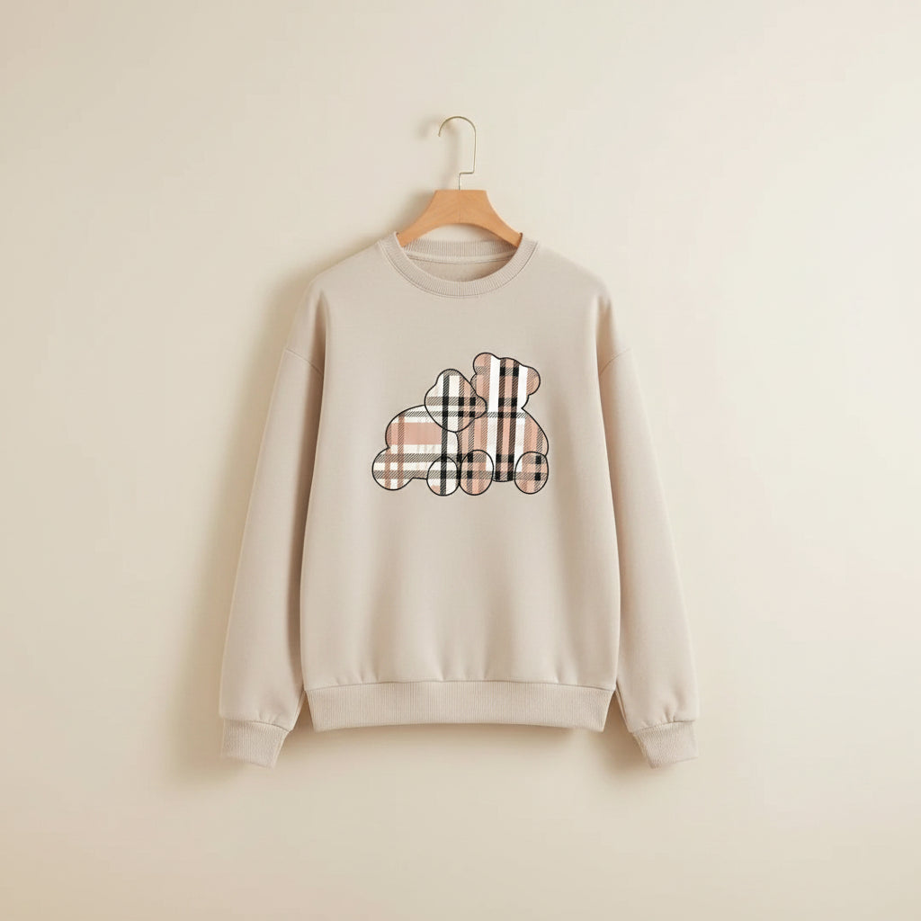 Beige cute teddy print pullover hoodie with checkered bear design and ribbed cuffs