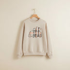 Beige cute teddy print pullover hoodie with checkered bear design and ribbed cuffs