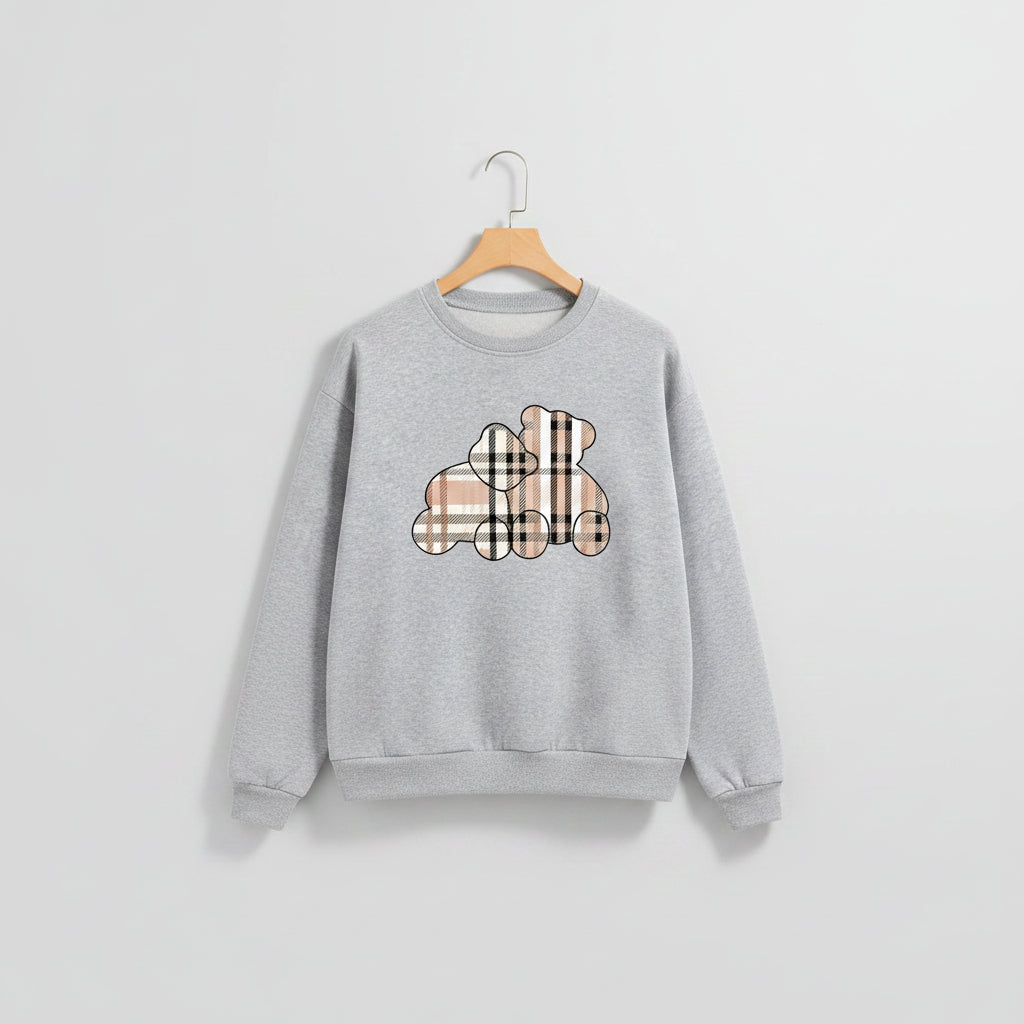 Gray cute teddy print pullover hoodie with plaid bear design on front laid flat on white background