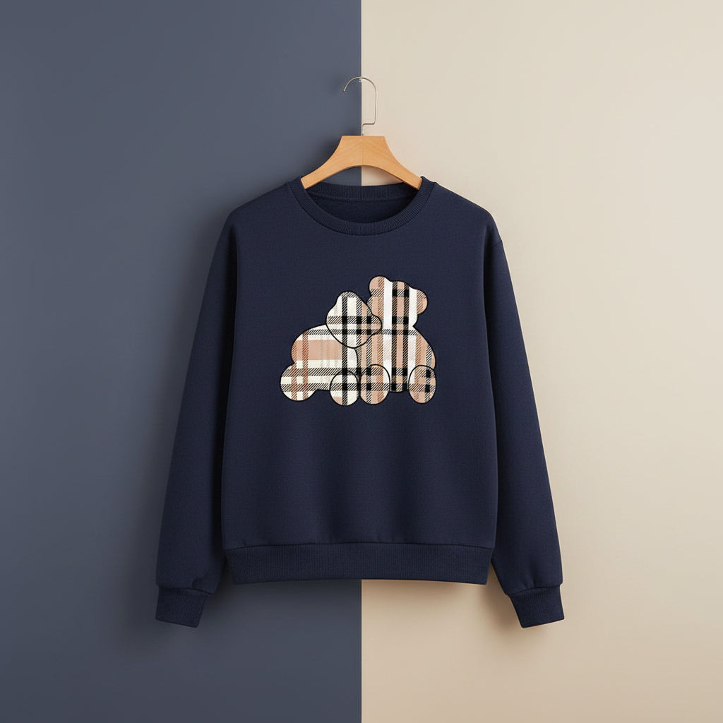 Navy blue cute teddy print pullover hoodie with plaid bear design from Vusy Kawai Shop