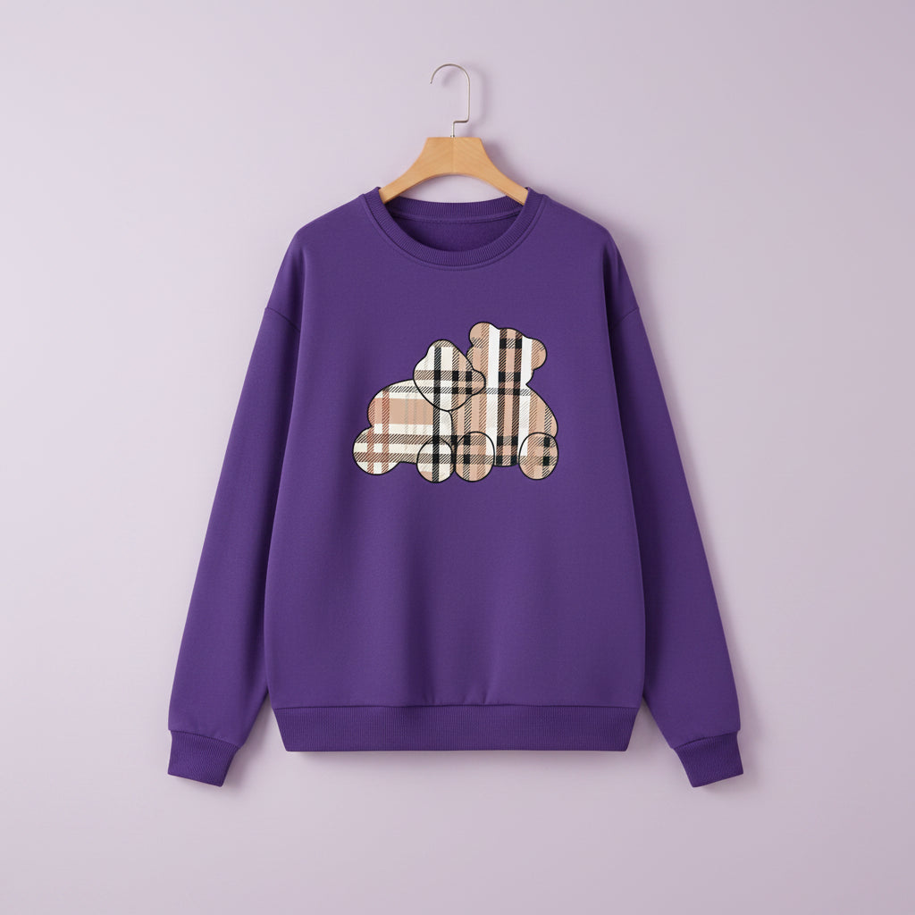 Purple cute teddy print pullover hoodie with plaid teddy design featuring long sleeves and round neck