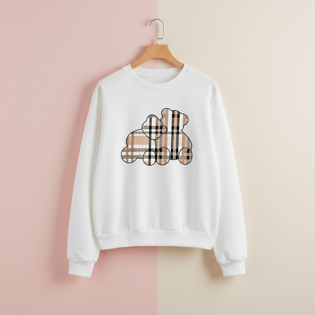 White pullover hoodie with a cute teddy print pullover hoodie design in beige plaid pattern