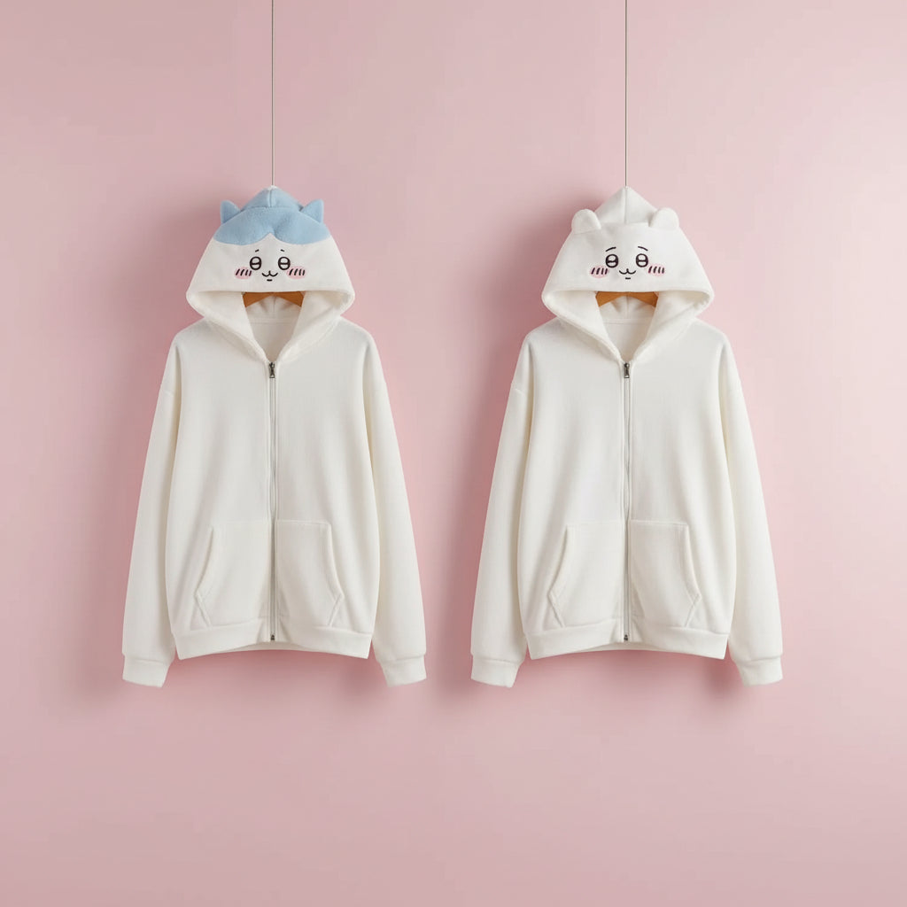 Two cute usagi bunny zip up hoodies in white with embroidered faces and small ears on the hood