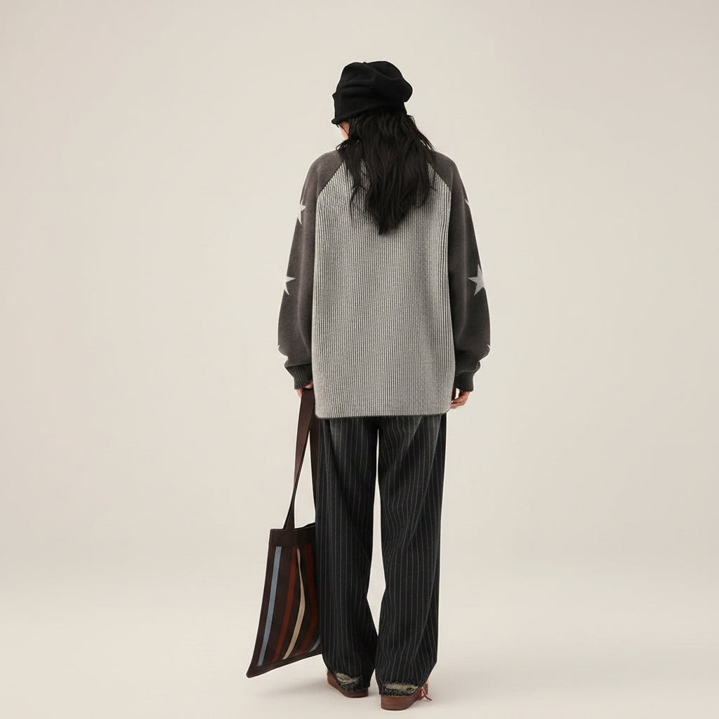 Back view of a woman wearing a double zipper autumn jacket for women with star-patterned sleeves and loose fit