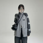 Woman wearing a double zipper autumn jacket for women with star patterns and striped design