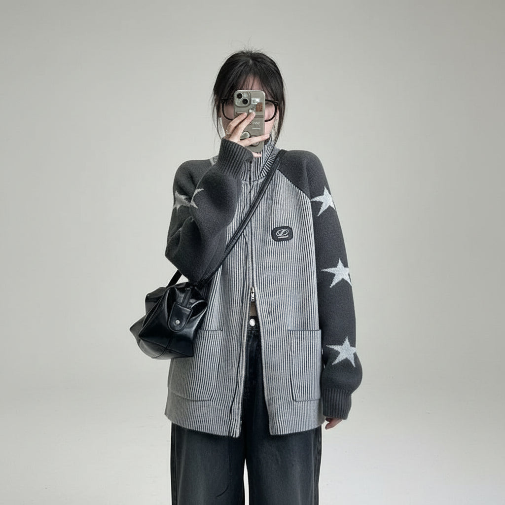 Woman wearing a double zipper autumn jacket for women with star patterns and striped design