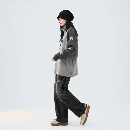 Woman wearing a double zipper autumn jacket for women with star patterns on sleeves from Vusy Kawai Shop