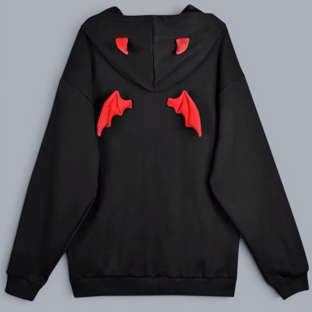 Black gothic demon wings sweatshirt for women with red 3D wings and horns on the back and hood