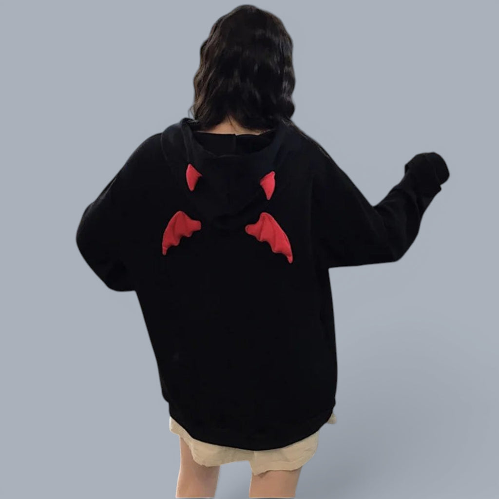 Black gothic demon wings sweatshirt for women with red wing details on back and hood
