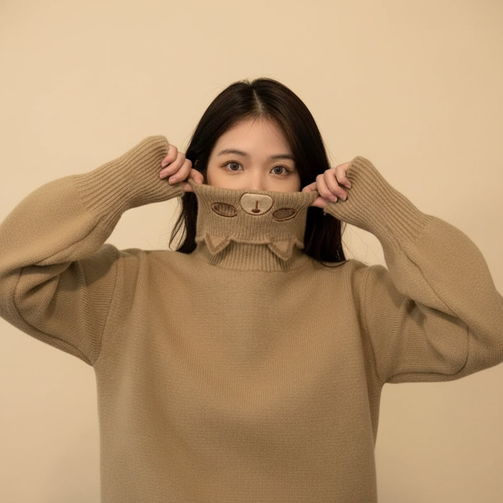 Japanese cartoon cat pullover for women in beige with a cute cat face on the high collar