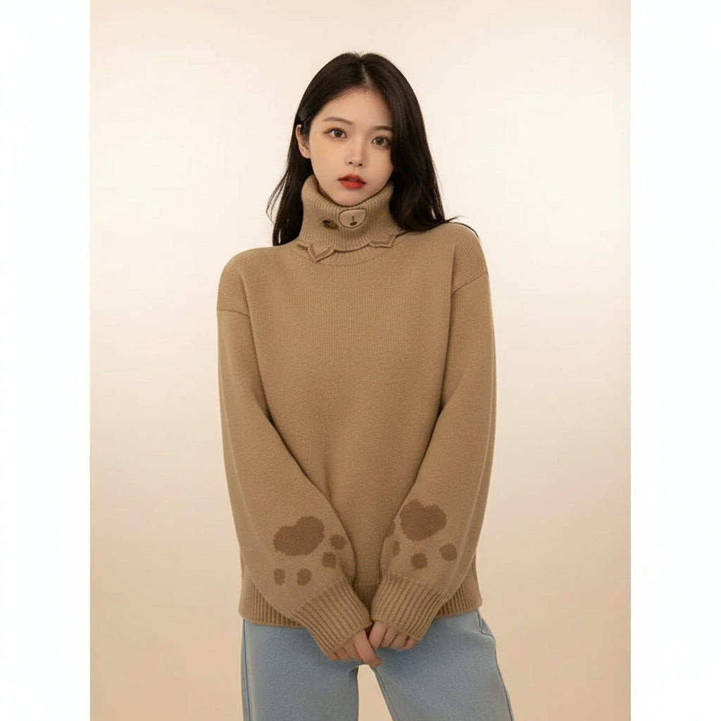 Woman wearing a brown japanese cartoon cat pullover for women with paw prints on sleeves indoors