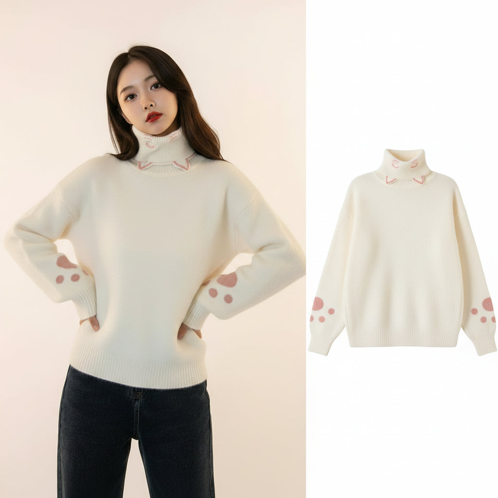 Japanese cartoon cat pullover for women in white with pink paw prints on sleeves worn by a model