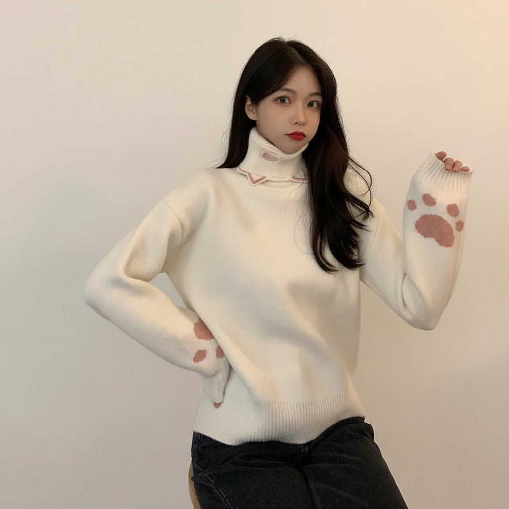 Japanese cartoon cat pullover for women in white with pink paw prints on sleeves worn by woman