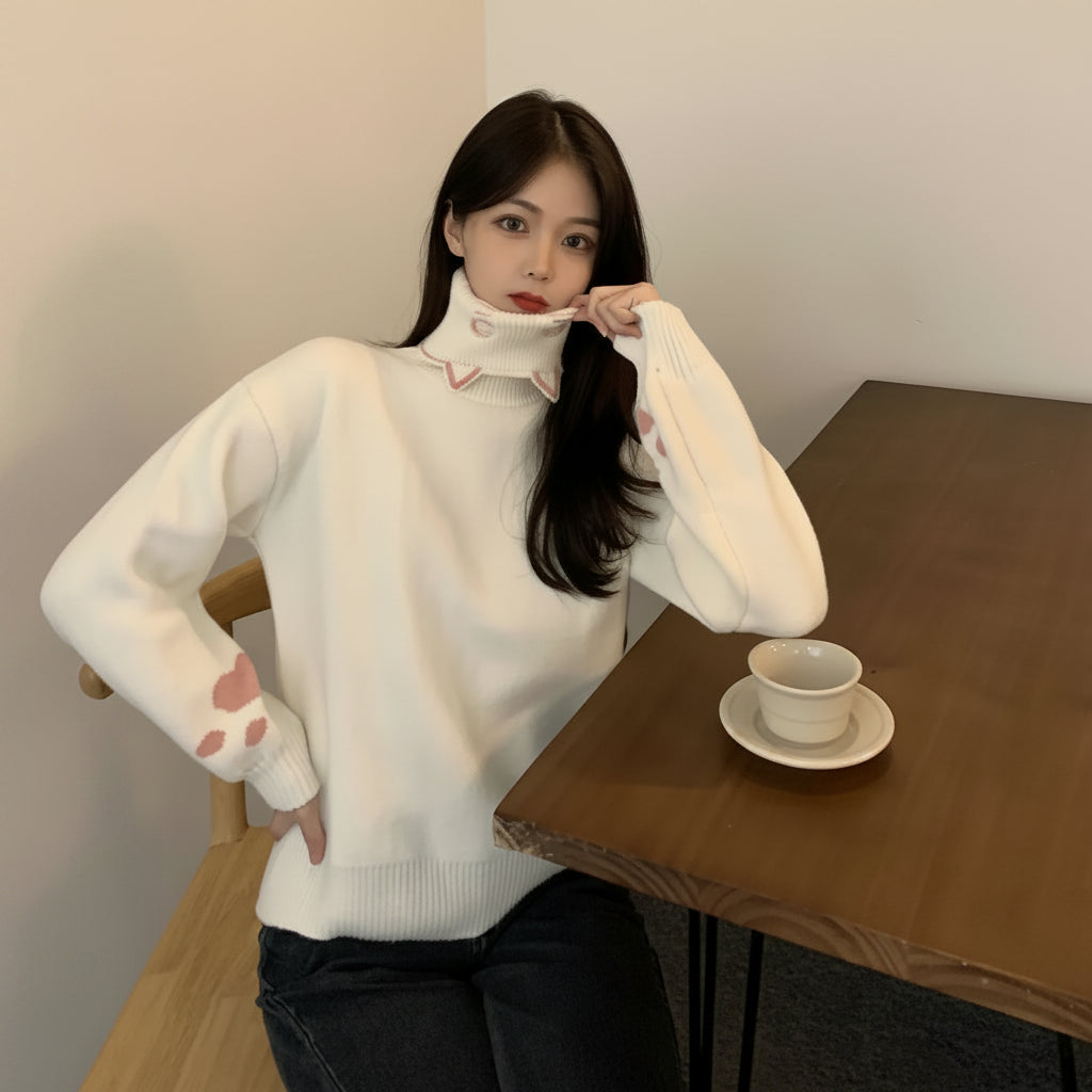 Woman wearing a white japanese cartoon cat pullover for women sitting at a wooden table with a teacup