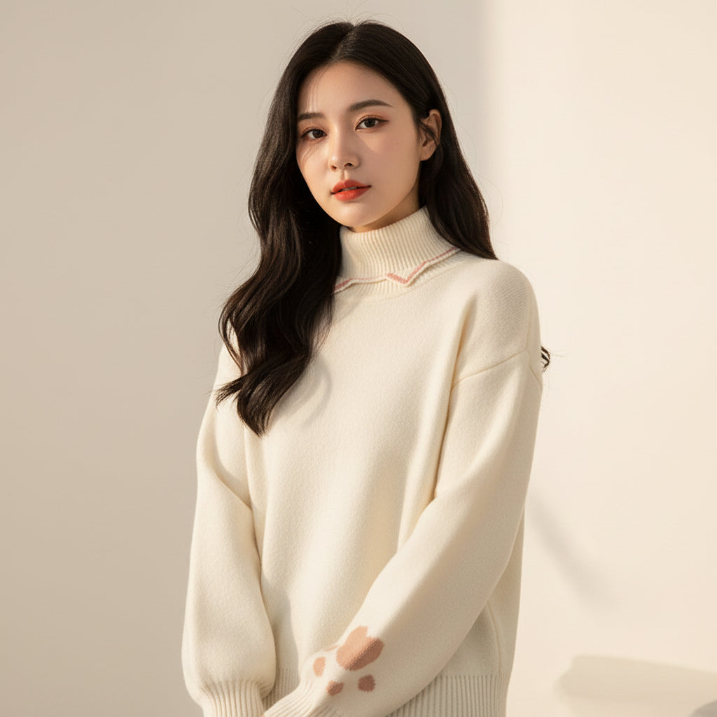 White japanese cartoon cat pullover for women with paw print design on sleeve