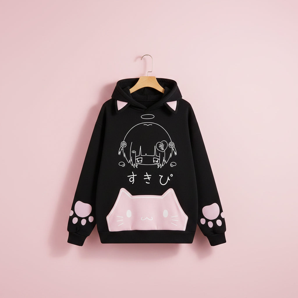 Black japanese cartoon print women sweatshirt with cute character and pink cat paws on sleeves and hood