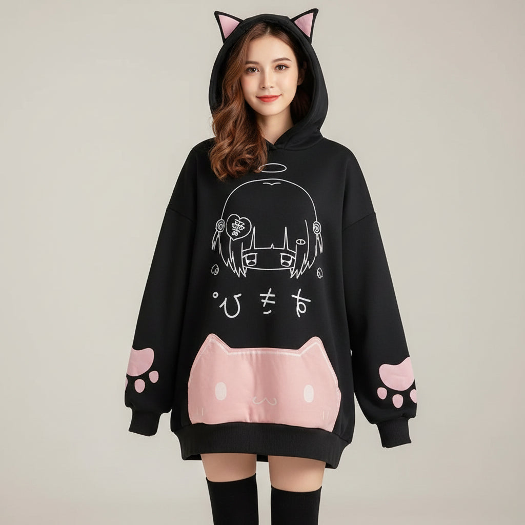 Black japanese cartoon print women sweatshirt with cat ears hood and pink paw detail on sleeve