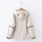 Japanese cute hooded jacket for women in beige with animal ear details and striped sleeves