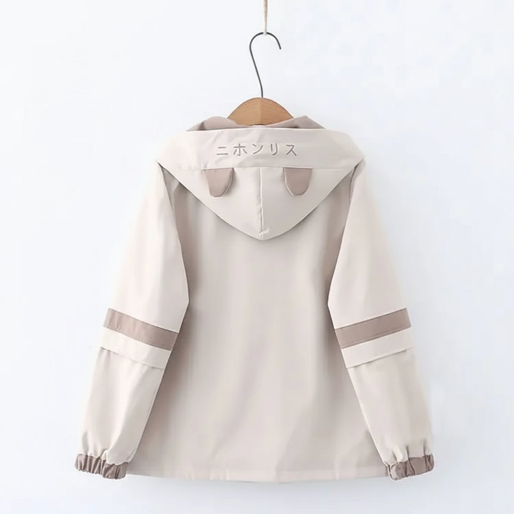 Japanese cute hooded jacket for women in beige with animal ear details and striped sleeves