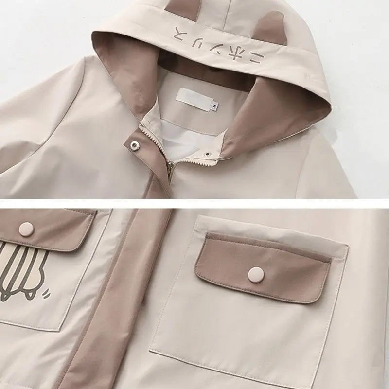 Japanese cute hooded jacket for women with beige and brown color block design and button flap pockets