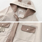 Japanese cute hooded jacket for women with beige and brown color block design and button flap pockets