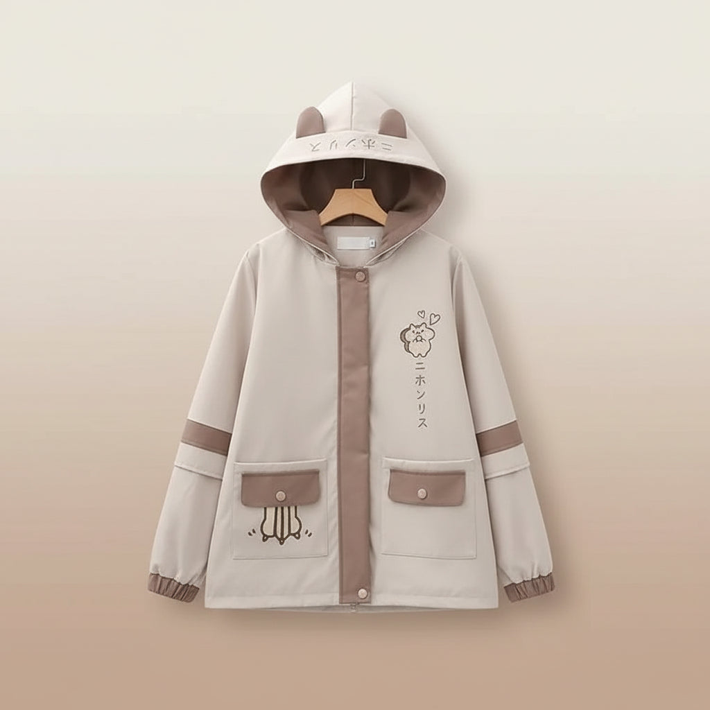 Japanese cute hooded jacket for women in beige with animal ear details and front pockets