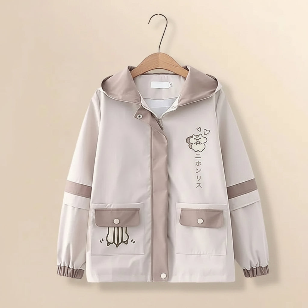 Japanese cute hooded jacket for women in beige with cartoon prints and button pockets