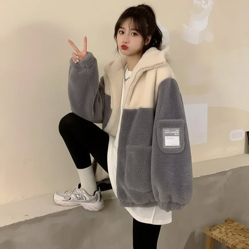 Woman wearing Japanese cute teddy bear hoodie jacket with cream and gray color block design