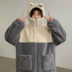 Cozy japanese cute teddy bear hoodie jacket in beige and gray with bear ears on hood