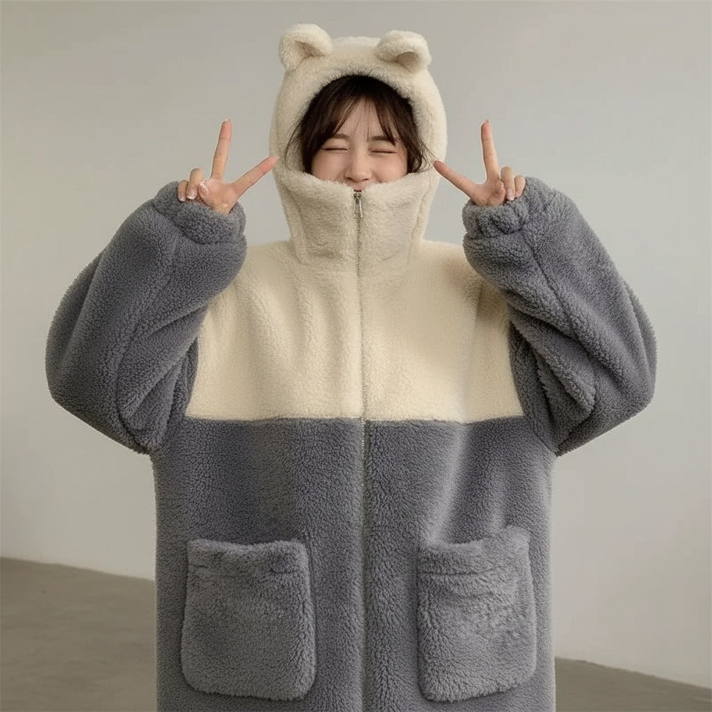Cozy japanese cute teddy bear hoodie jacket in beige and gray with bear ears on hood