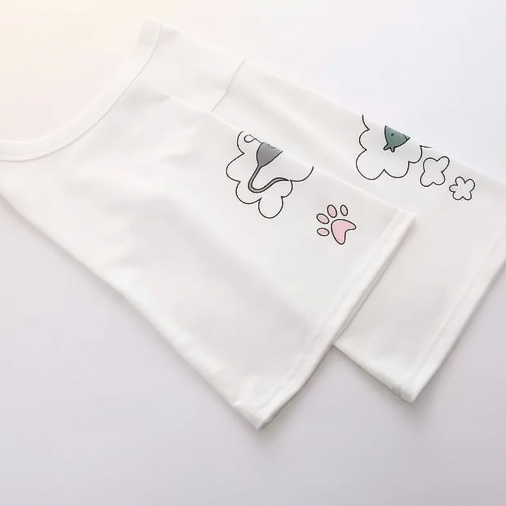 Close-up of white japanese soft girlcat style hoodie sleeves with cute cat tail and paw print designs